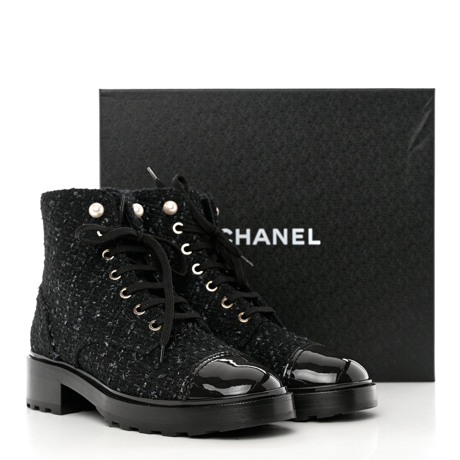 Chanel Tweed Patent Calfskin Pearl Combat Short Boots 39 Black Grey Blue 9 of 9