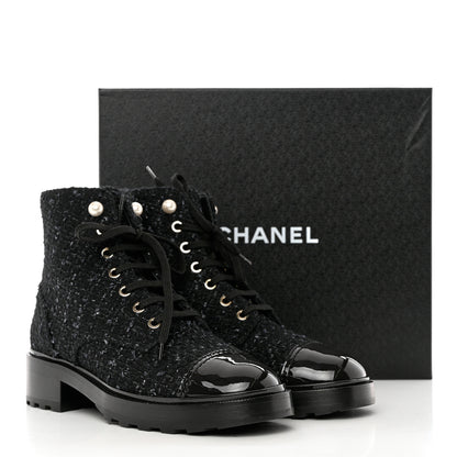 Chanel Tweed Patent Calfskin Pearl Combat Short Boots 39 Black Grey Blue 9 of 9