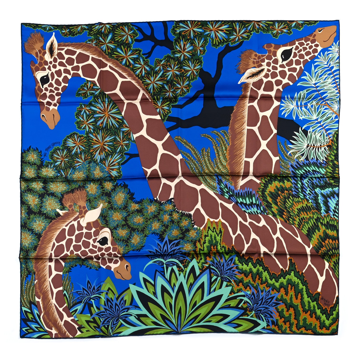 Hermes Silk The Three Graces Scarf 90 Bleu Vif Marron Vert 1 of 6