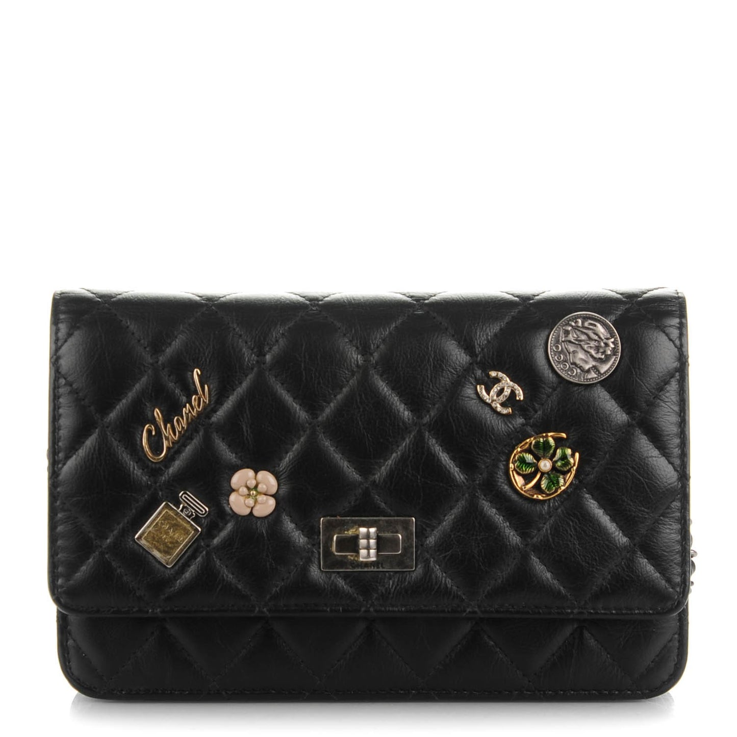 Aged Calfskin Quilted Lucky Charms 2.55 Reissue Wallet On Chain WOC Black