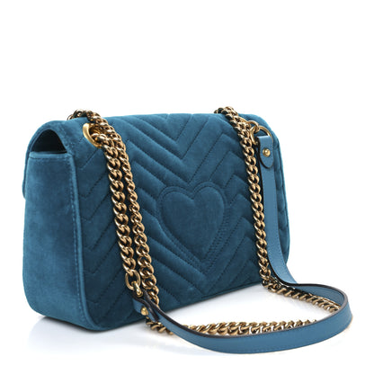 Gucci Velvet Matelasse Small GG Marmont Shoulder Bag Pavone Cyan 2 of 9