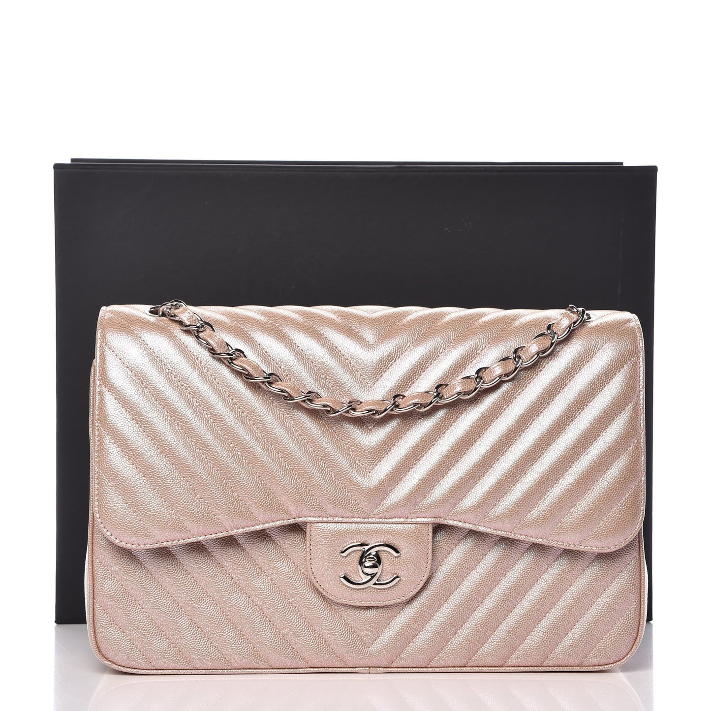Metallic Caviar Chevron Quilted Jumbo Double Flap Light Gold