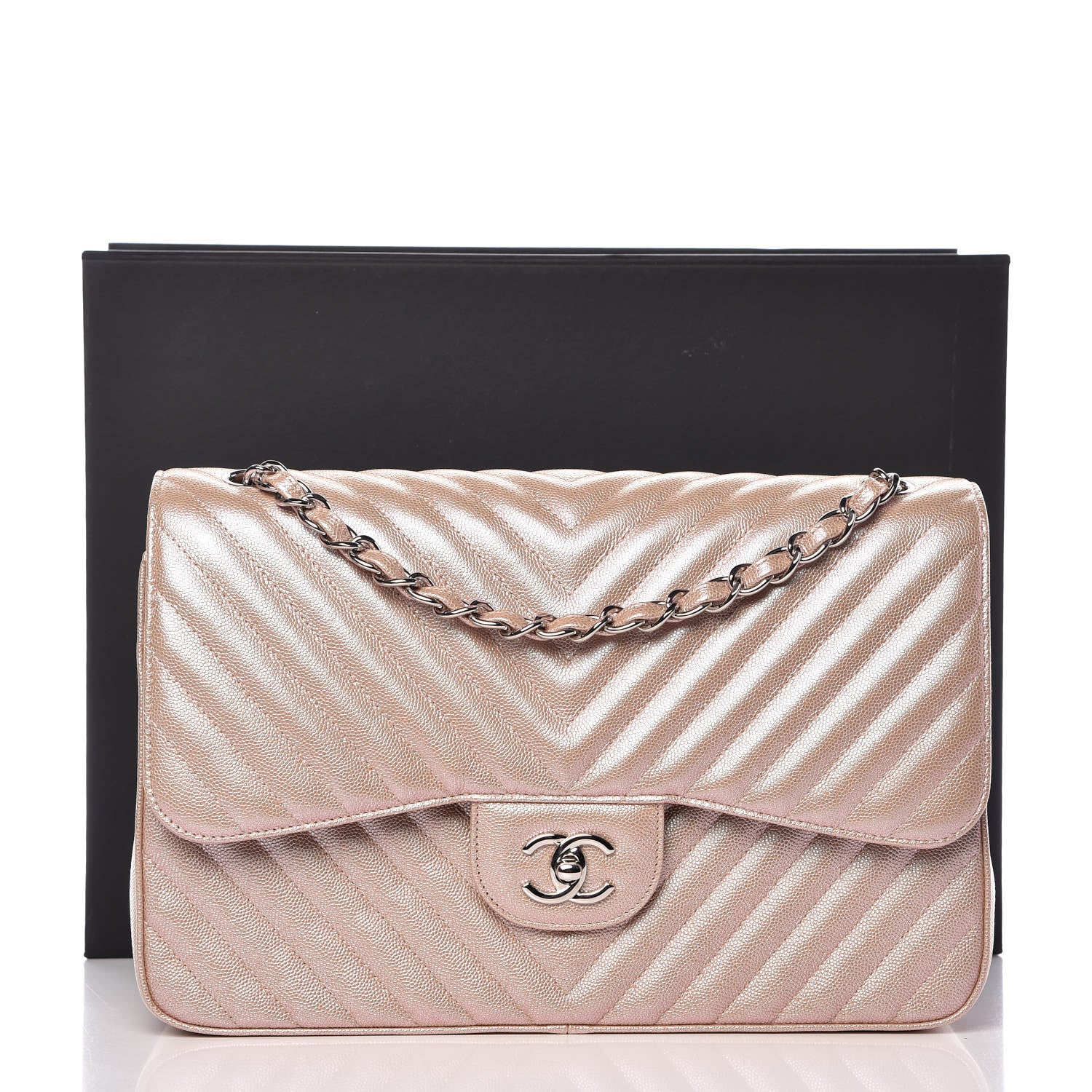Chanel Metallic Caviar Chevron Quilted Jumbo Double Flap Light Gold 10 of 10