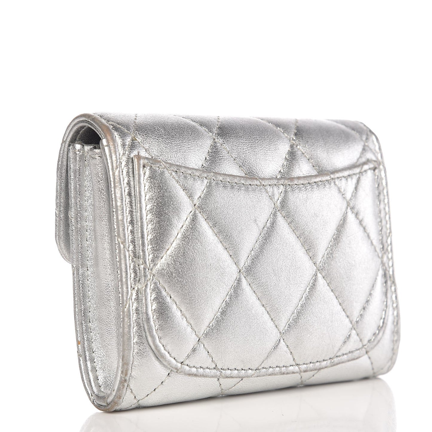 Metallic Lambskin Quilted Flap Card Holder Wallet Silver