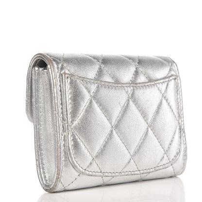 Chanel Metallic Lambskin Quilted Flap Card Holder Wallet Silver 3 of 10