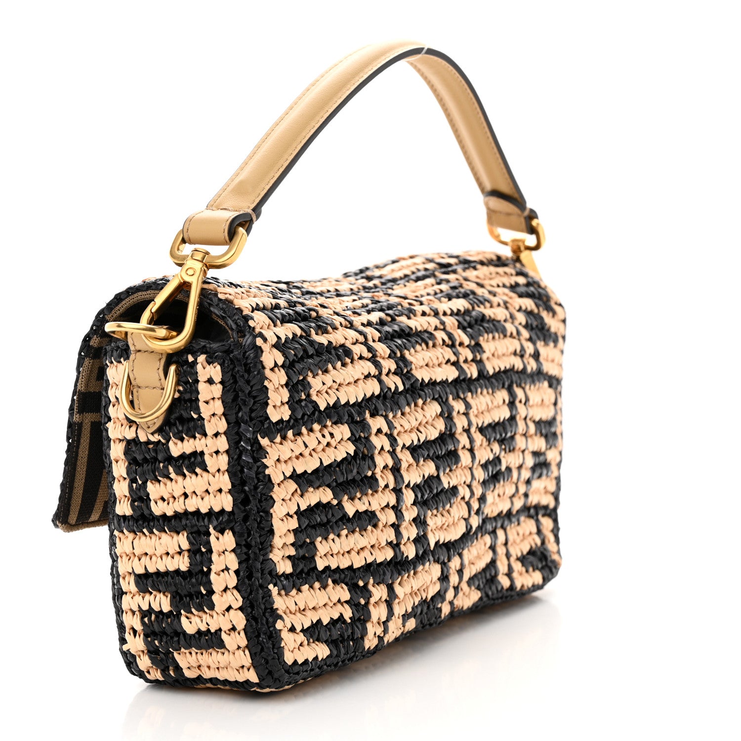 Fendi Raffia Vitello Grace FF Crochet Baguette Natural Black Paglia 3 of 9