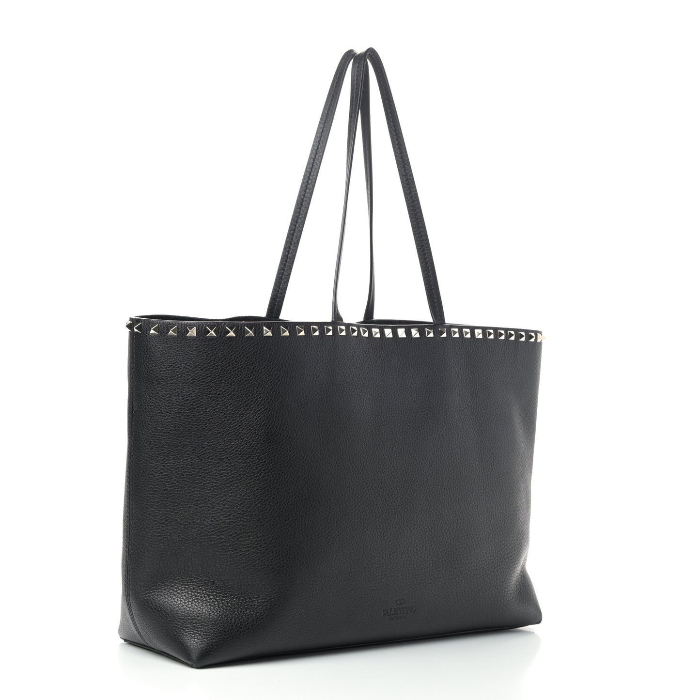 Grained Calfskin Rockstud Shoulder Tote Black