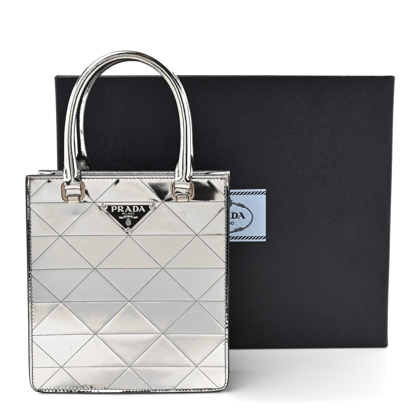 Spazzolato Metal Triangle Logo Triangle Patterned Small Double Handle Crossbody Tote Argento