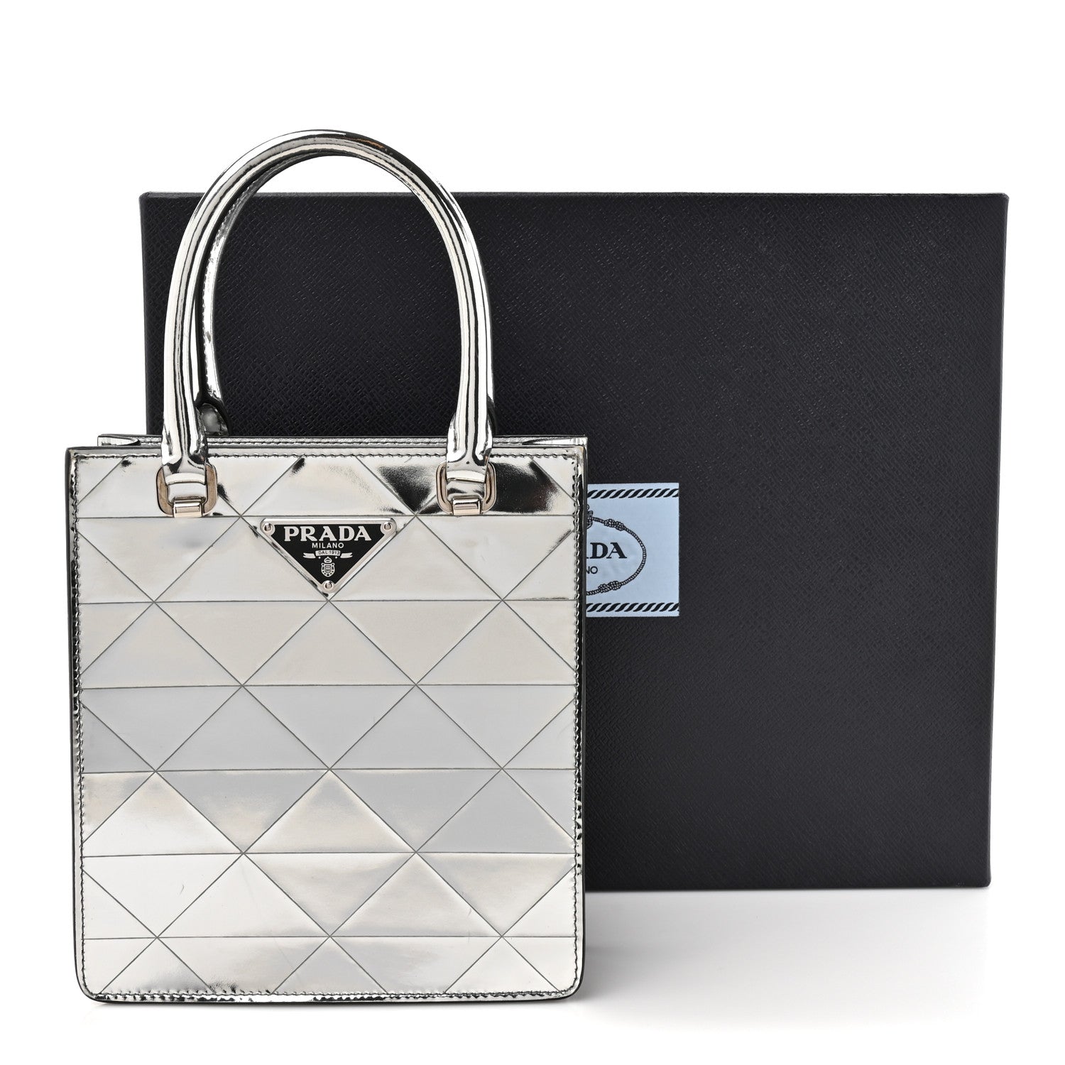 Prada Spazzolato Metal Triangle Logo Triangle Patterned Small Double Handle Crossbody Tote Argento 14 of 14