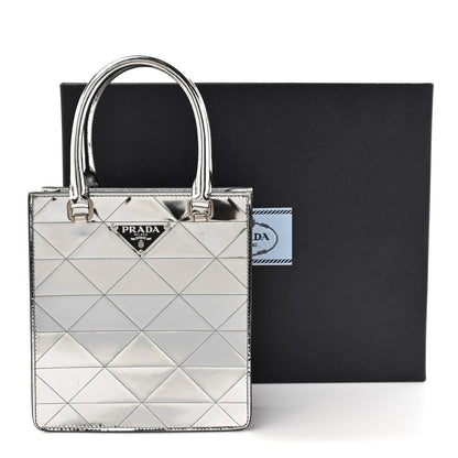 Prada Spazzolato Metal Triangle Logo Triangle Patterned Small Double Handle Crossbody Tote Argento 14 of 14