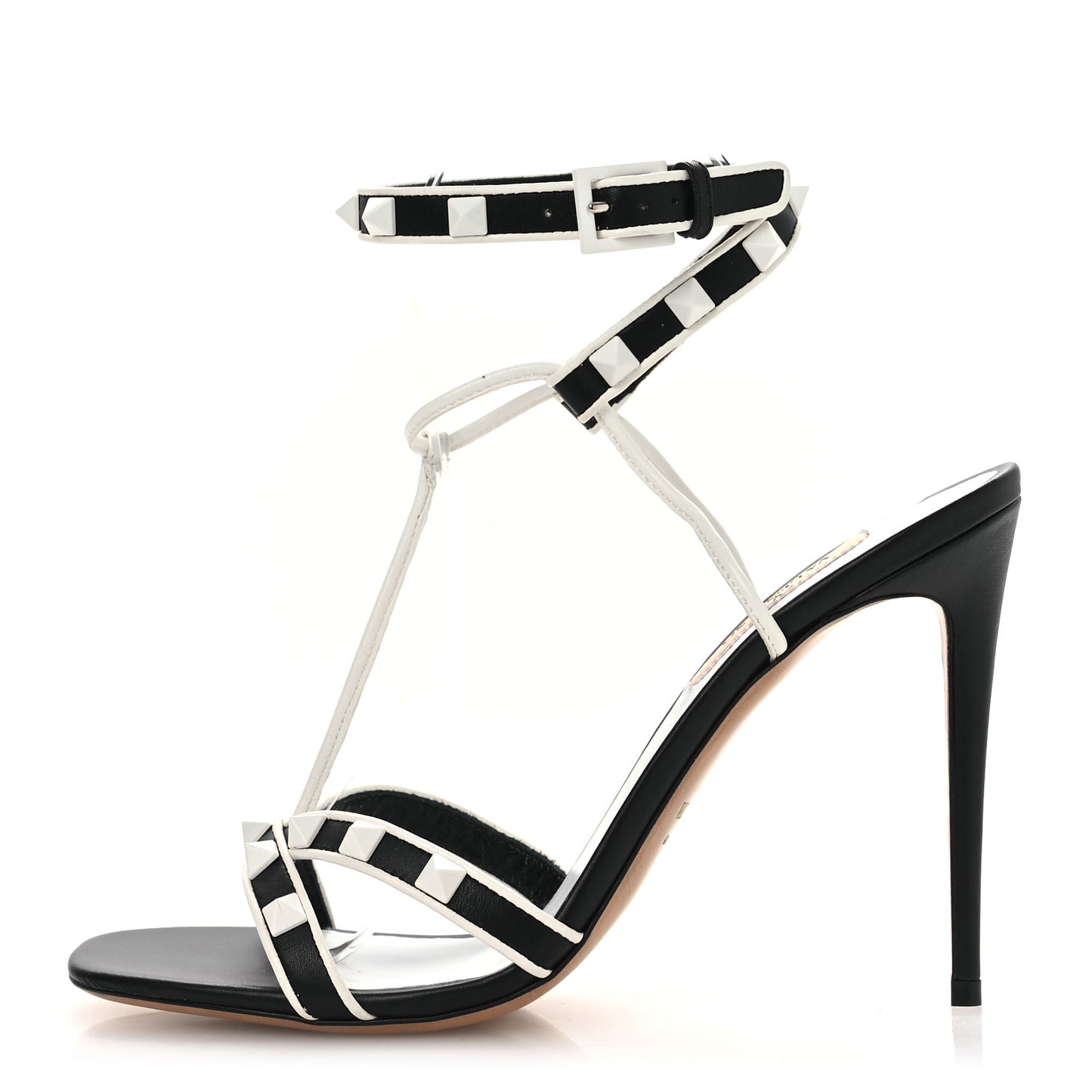 Calfskin Free Rockstud Ankle T-Strap 105mm Sandals 37.5 Black Optic White