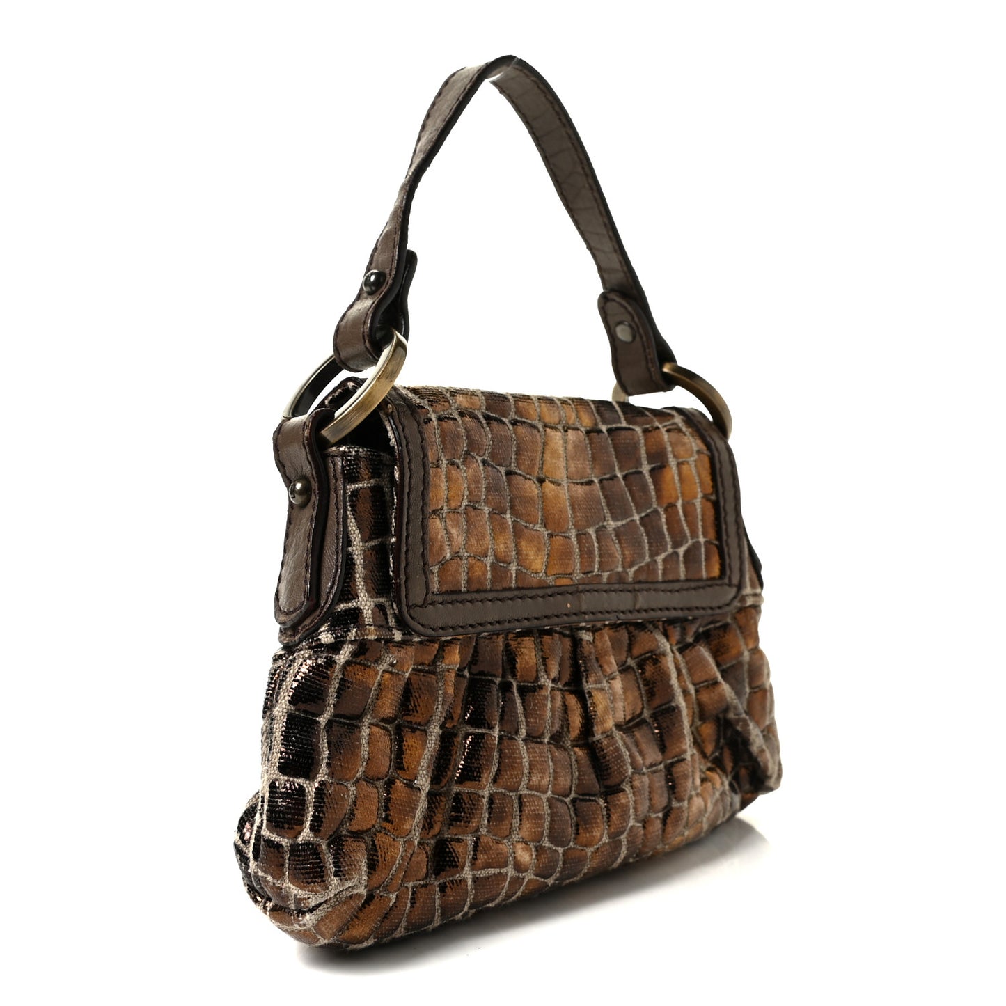 Metallic Canvas Crocodile Embossed Chef Shoulder Bag Bronze