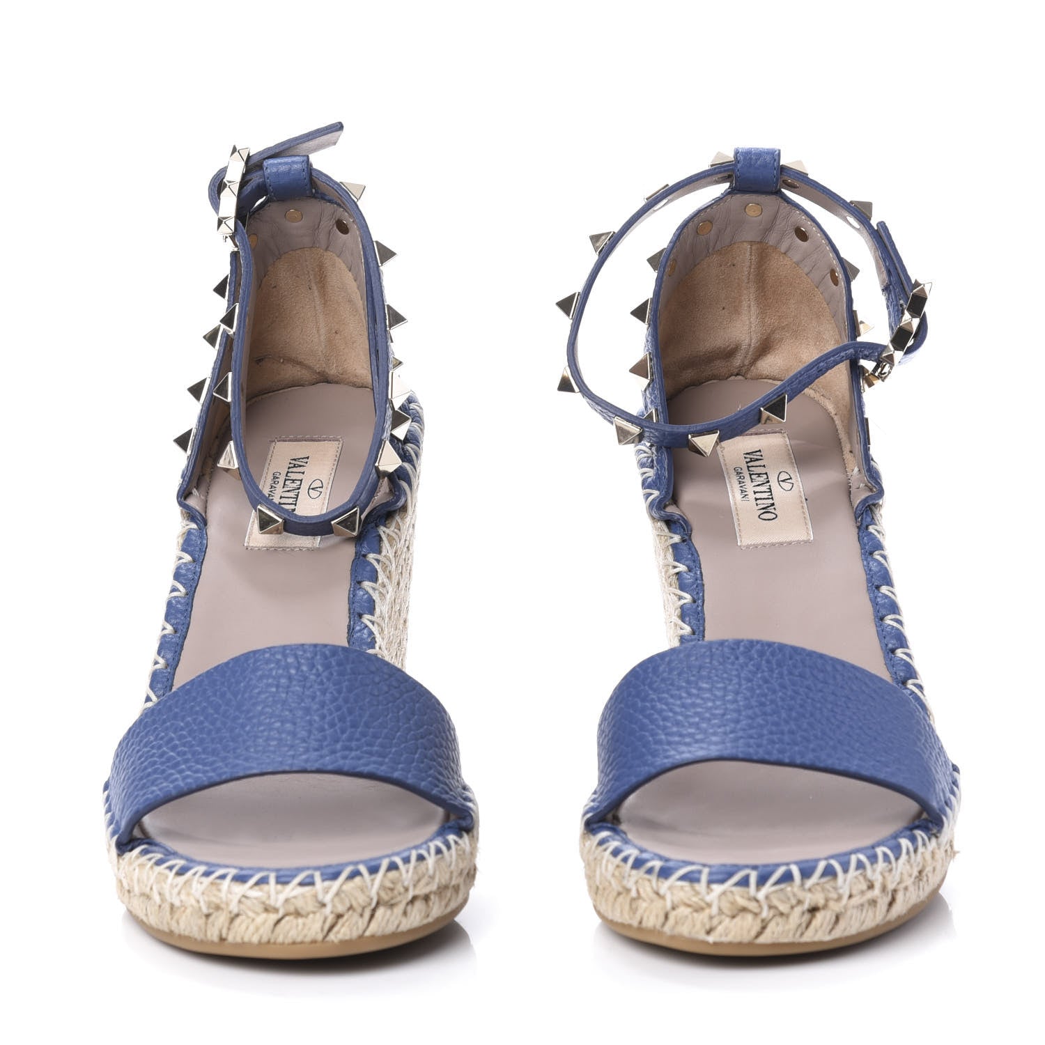 Valentino Garavani Grained Calfskin Rockstud Ankle Strap Espadrille 15/105mm Wedge Sandals 36 Baltique Natural 2 of 10