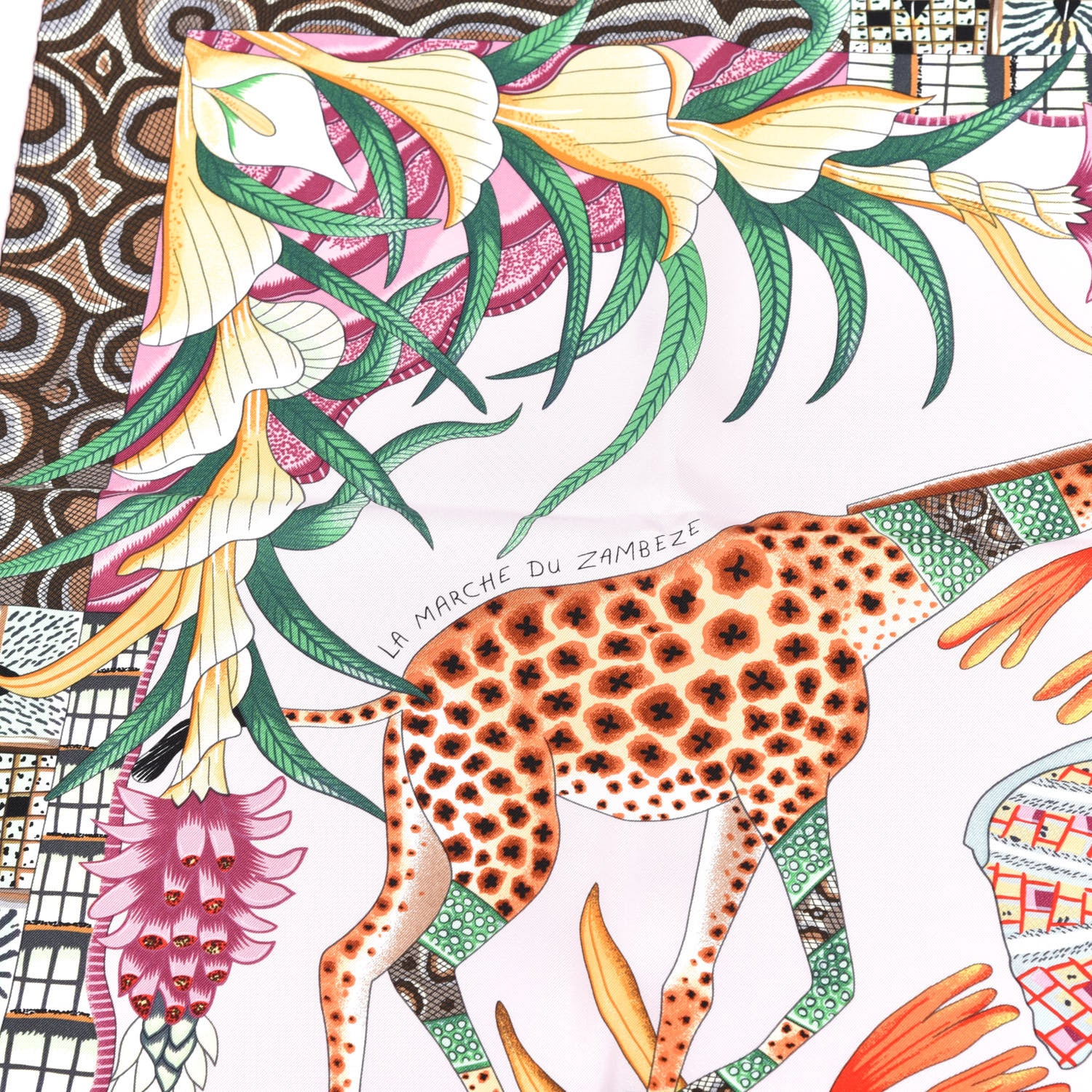 Hermes Silk La Marche Du Zambeze Scarf 90 Rose Pale Vert Jaune 6 of 6