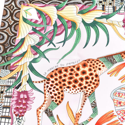 Hermes Silk La Marche Du Zambeze Scarf 90 Rose Pale Vert Jaune 6 of 6