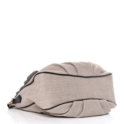 Fendi Linen Embroidered Mia Shoulder Flap Beige Black 4 of 15