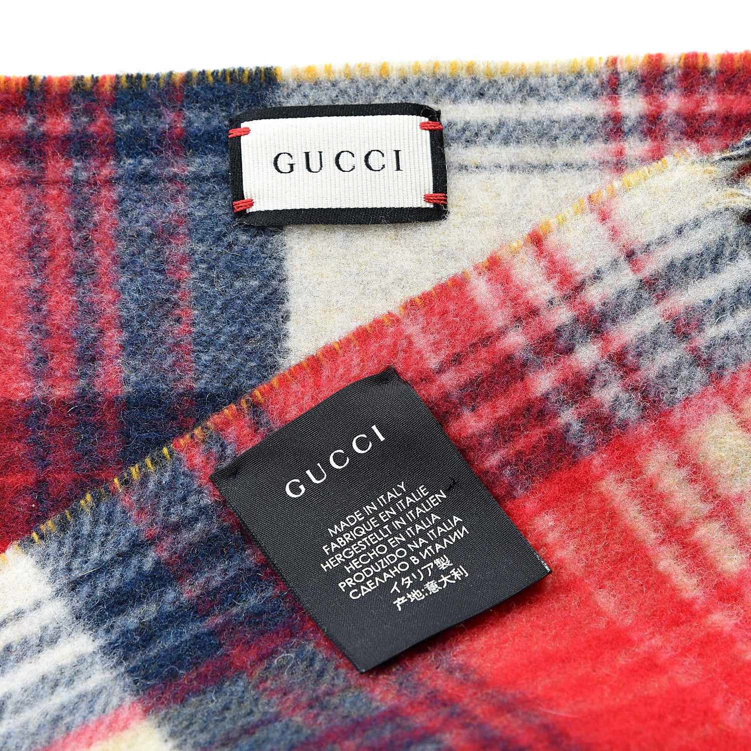 Gucci Wool GG Monogram Plaid Tartan Free Scarf Navy Red 4 of 4