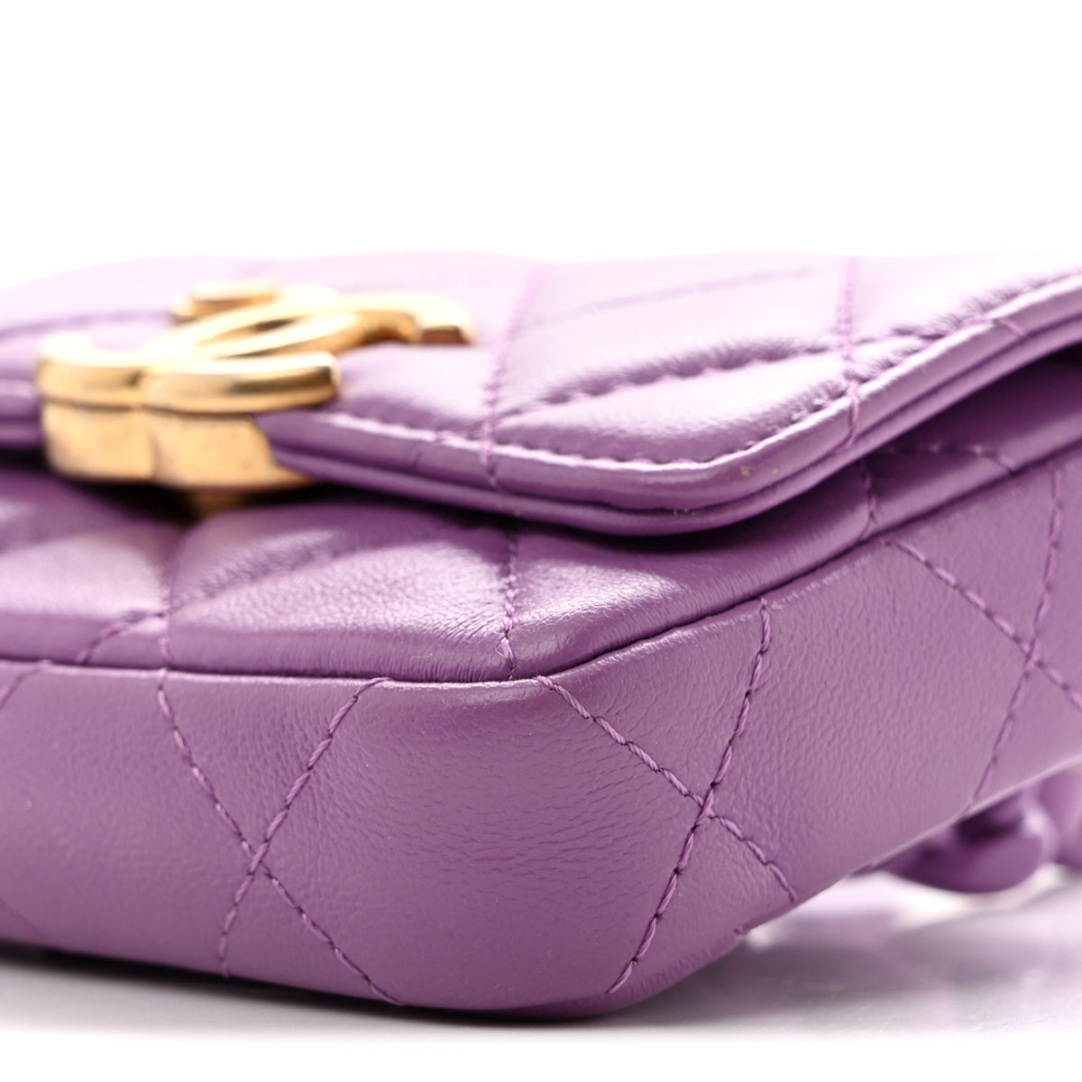 Lambskin Lacquered Metal Quilted Flap Chain Belt Bag Purple