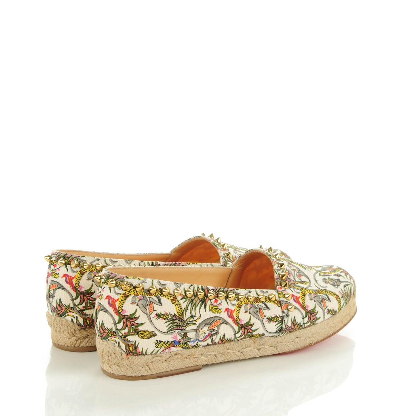 CHRISTIAN LOUBOUTIN Canvas Loubie Jungle Print Ares Spikes Flat Espadrille 38 Ivory