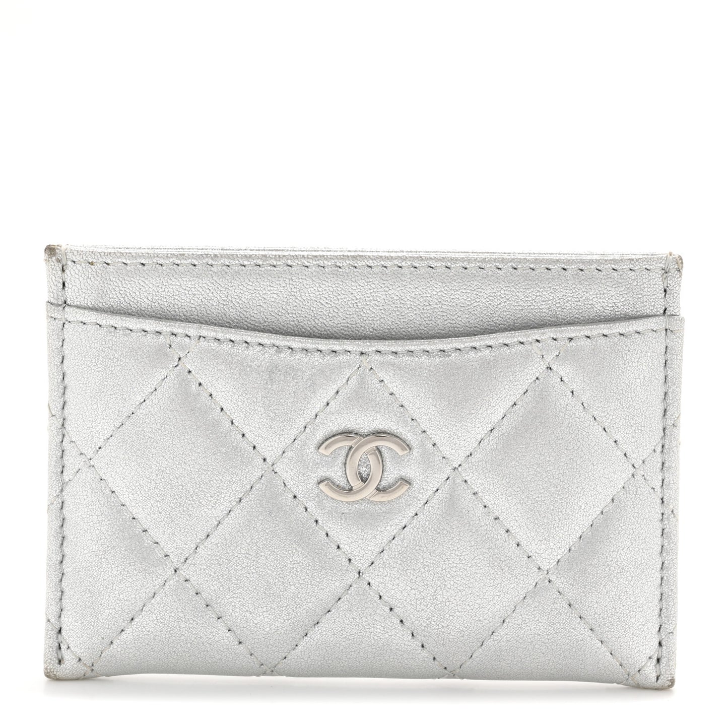 Metallic Lambskin Quilted CC Card Holder Silver