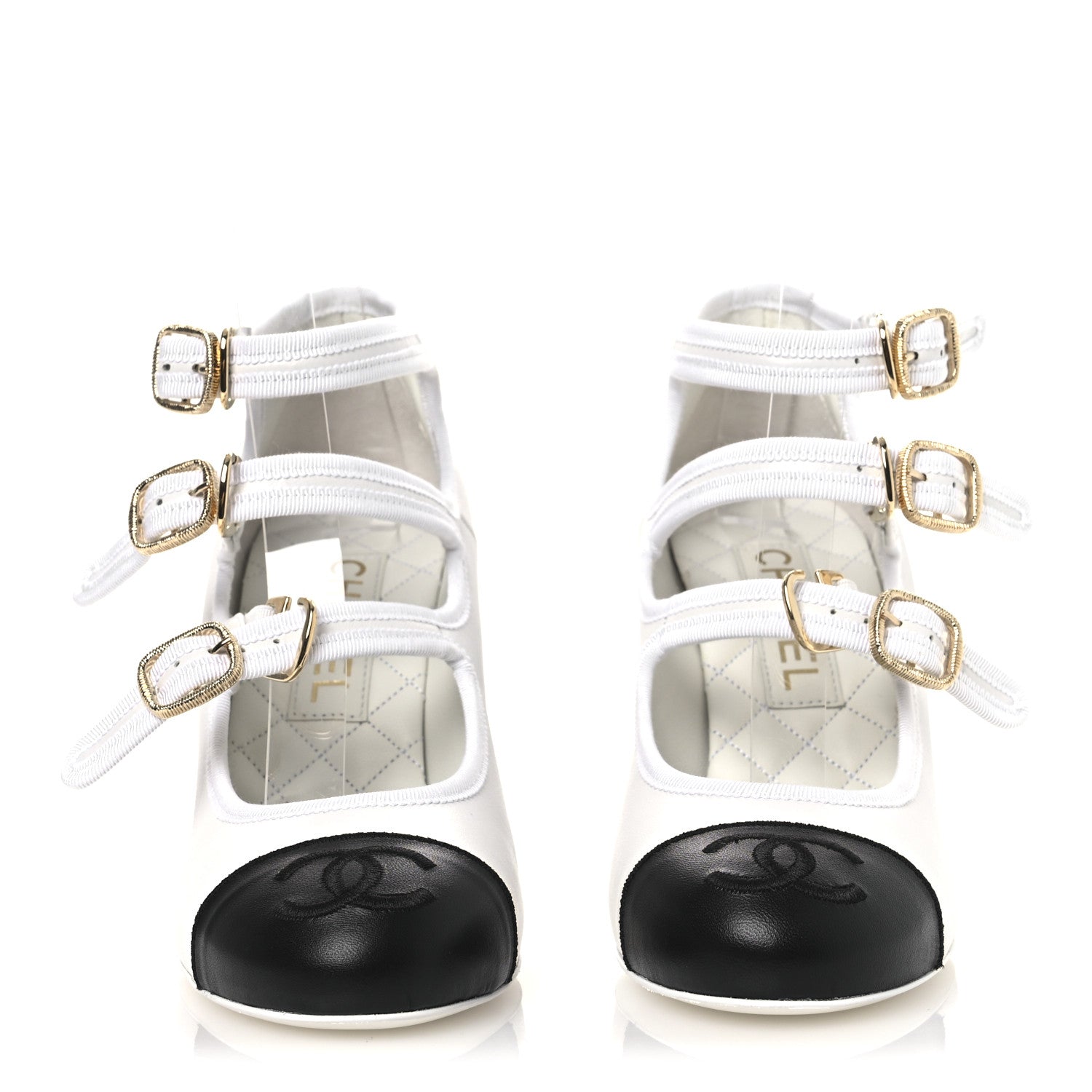 Chanel Lambskin Metal Mary Jane Pumps 37 White Black 1855610