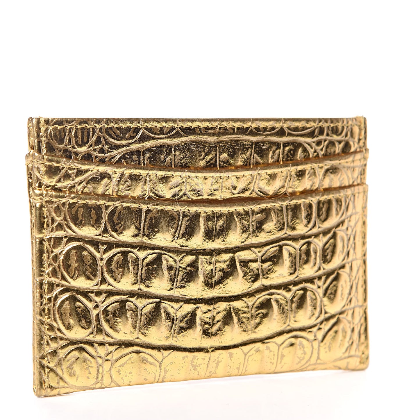 Metallic Calfskin Crocodile Embossed Cocodile Card Holder Gold