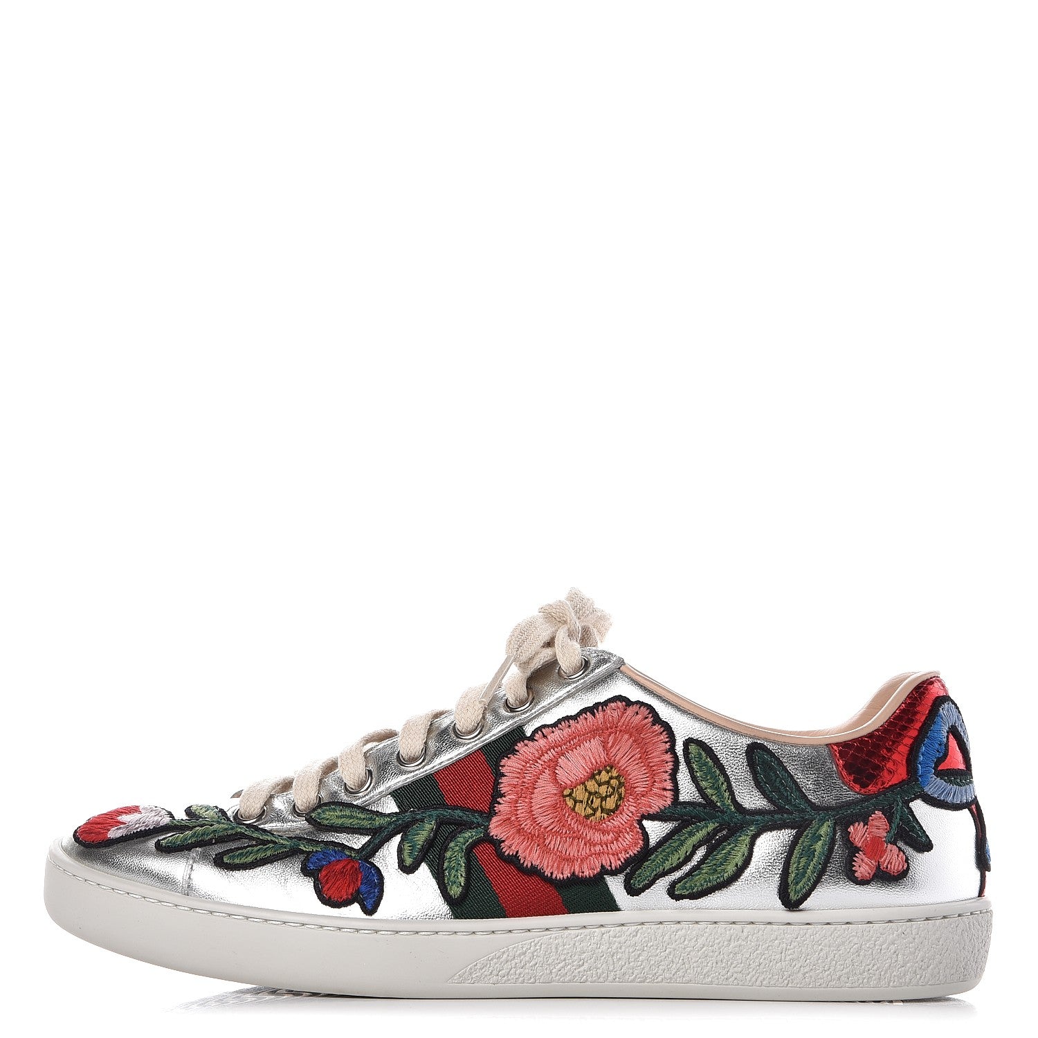 Gucci Metallic Calfskin Floral Embroidered Ace Sneakers 36.5 Silver 1 of 11