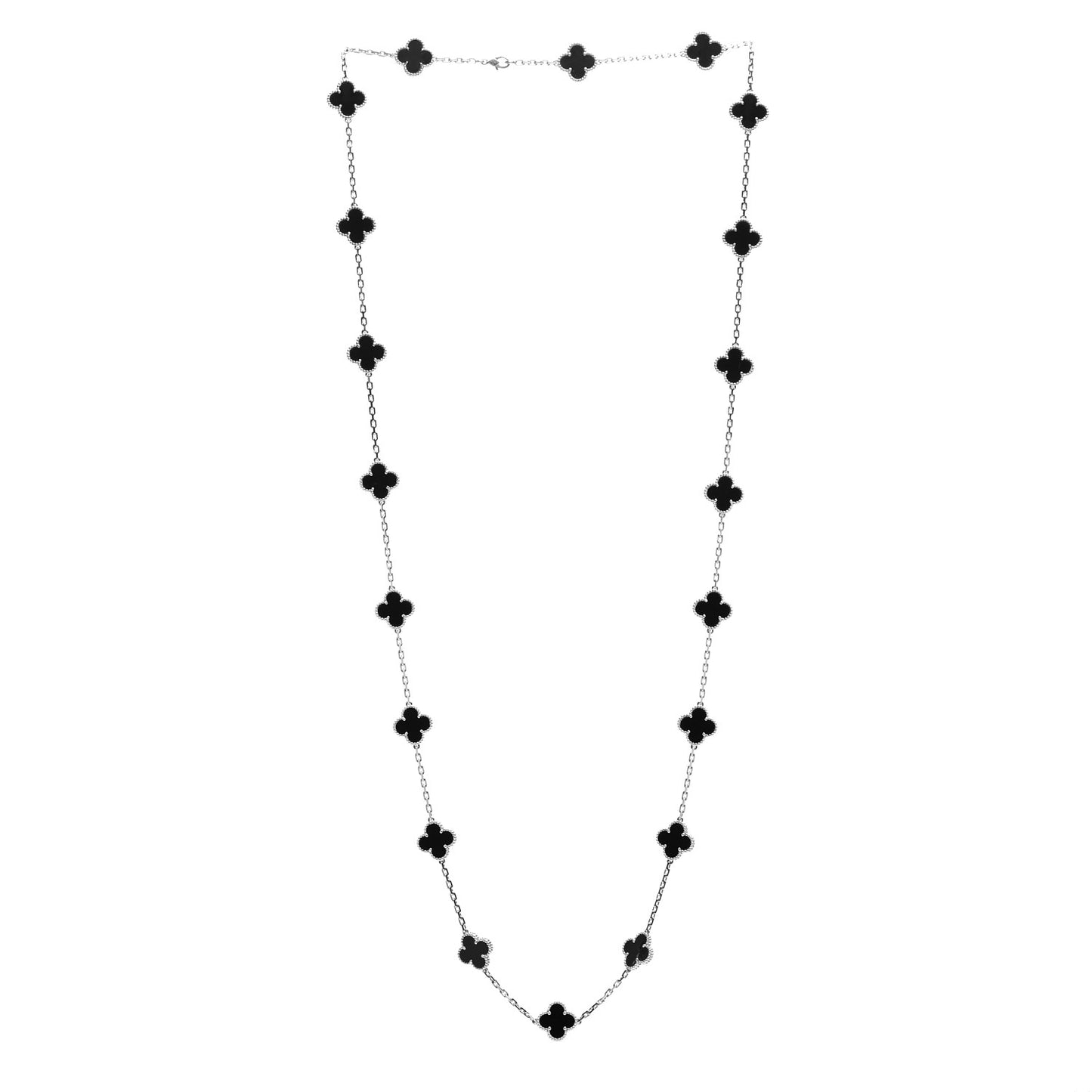 18K White Gold Black Onyx 20 Motifs Vintage Alhambra Necklace