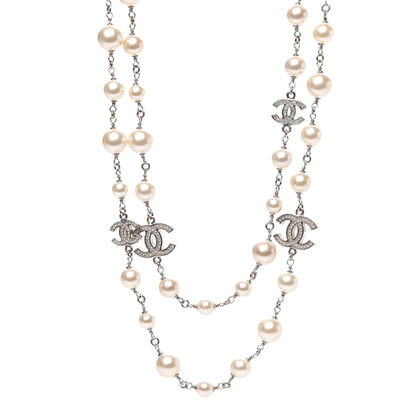 Crystal Pearl CC Long Necklace Silver