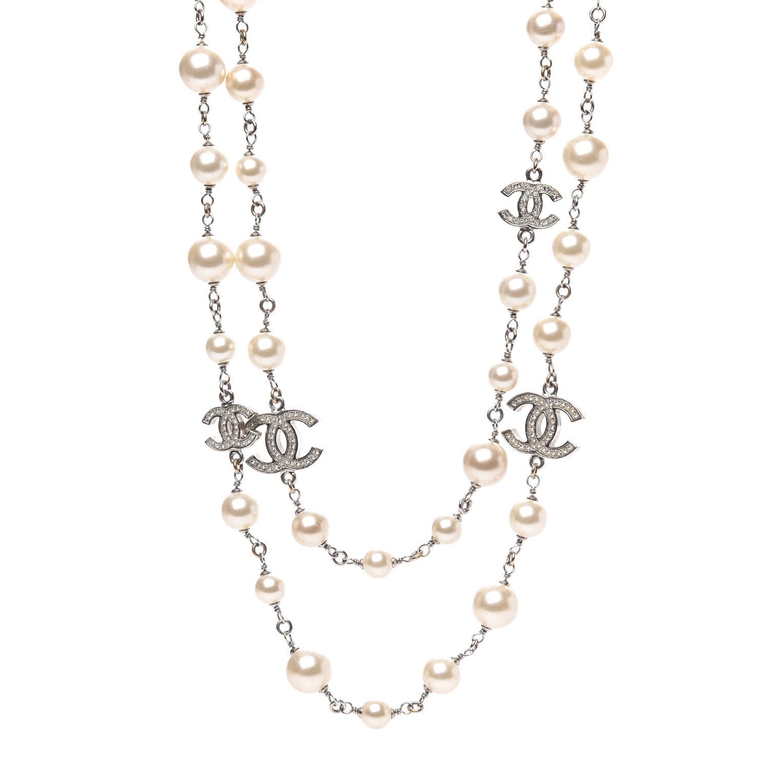 Chanel Crystal Pearl CC Long Necklace Silver 1 of 4