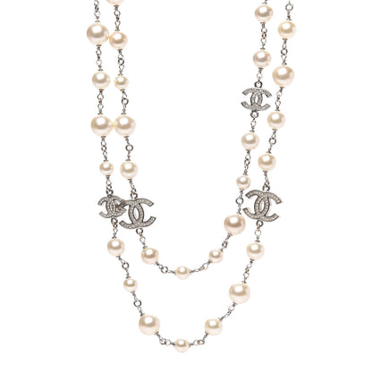 Chanel Crystal Pearl CC Long Necklace Silver 1 of 4
