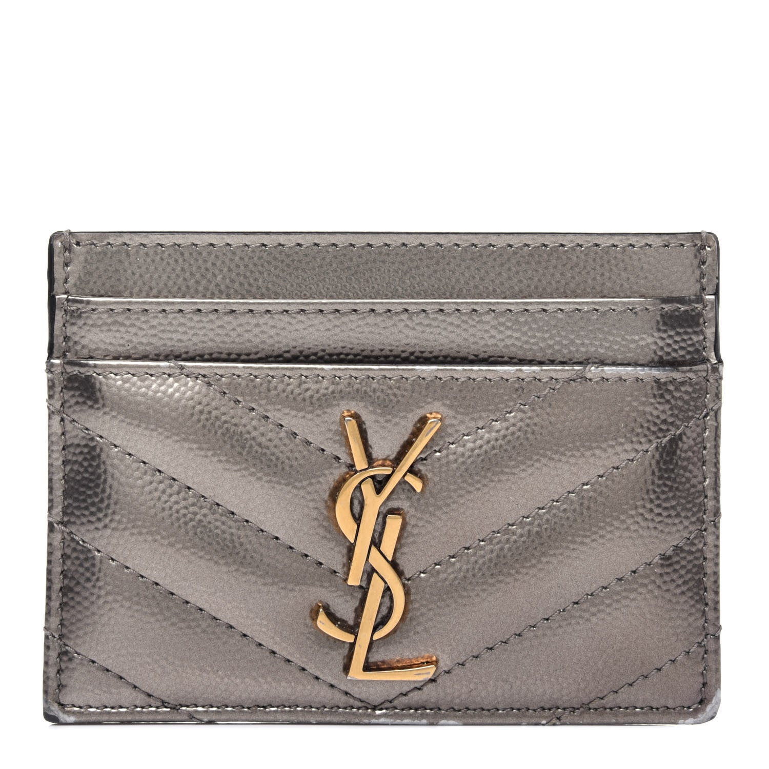 Saint Laurent Metallic Grain De Poudre Matelasse Chevron Monogram Credit Card Case Pimbo 1 of 14