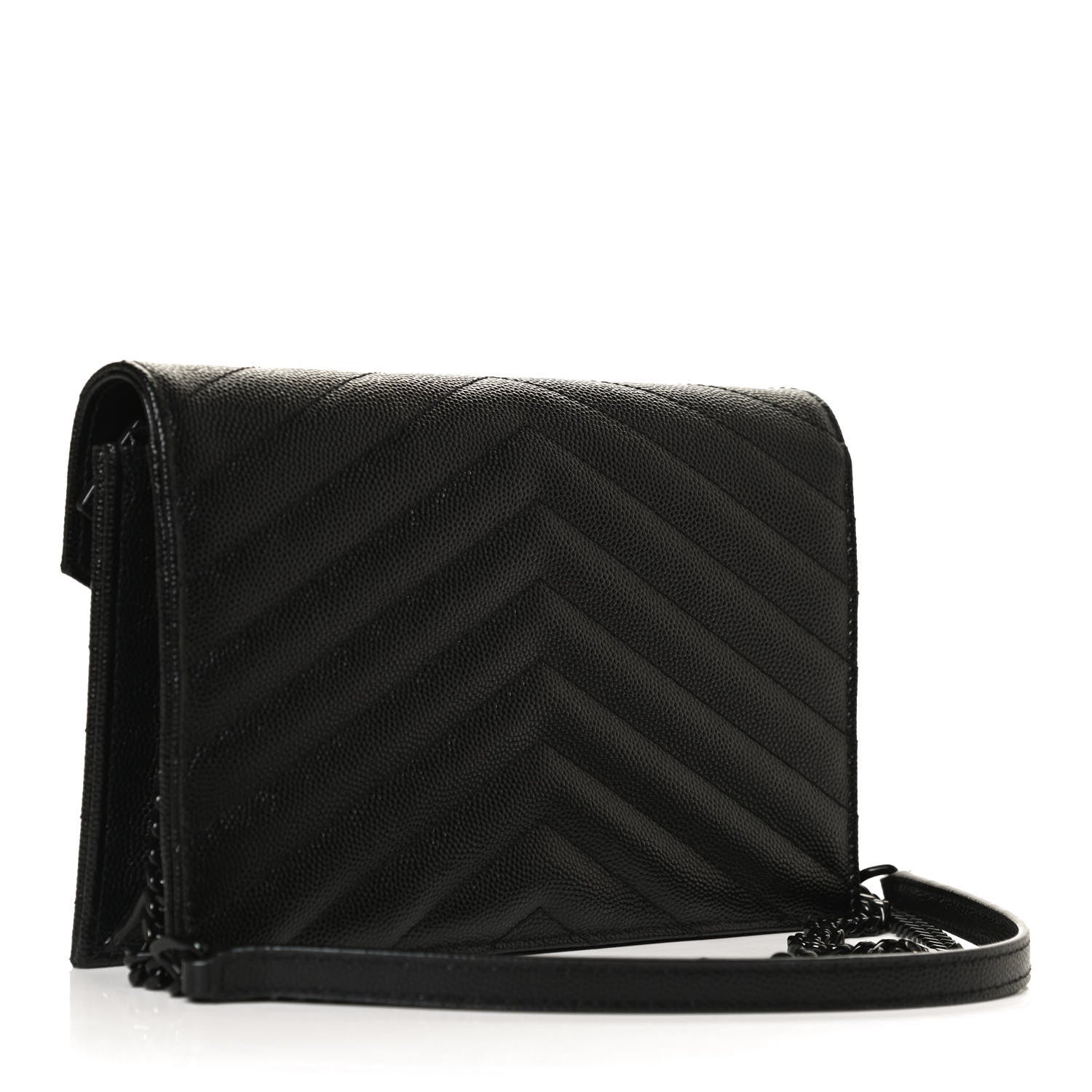 Saint Laurent Grain De Poudre Matelasse Chevron Monogram Monochrome Envelope Chain Wallet Black 2 of 11