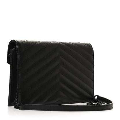 Saint Laurent Grain De Poudre Matelasse Chevron Monogram Monochrome Envelope Chain Wallet Black 2 of 11