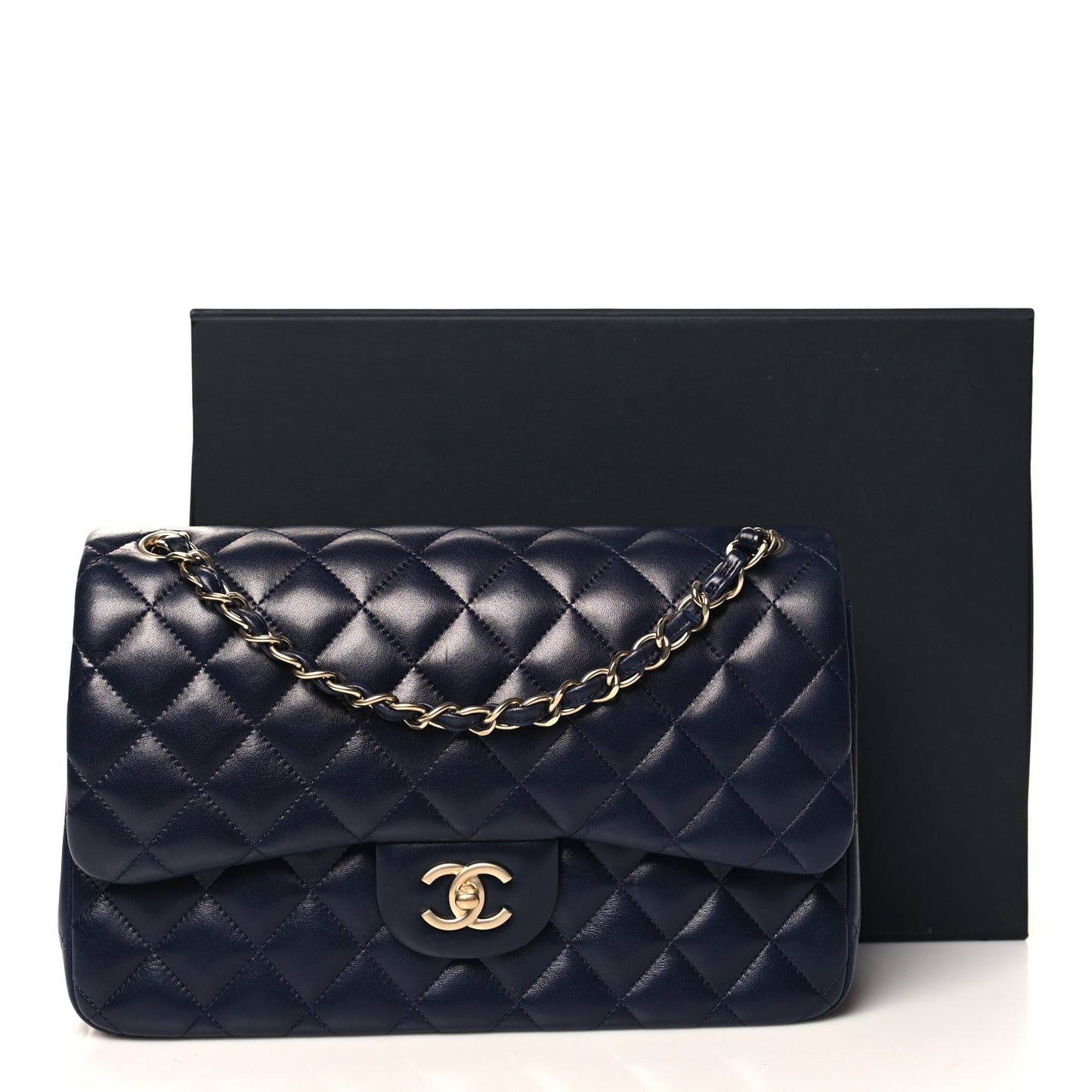 Lambskin Quilted Jumbo Double Flap Navy