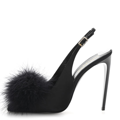 Saint Laurent Crepe Satin Feathered Blanco Sandals 39 Black 1 of 9