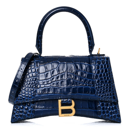 Balenciaga Shiny Calfskin Crocodile Embossed Small Hourglass Top Handle Bag Navy 1 of 9