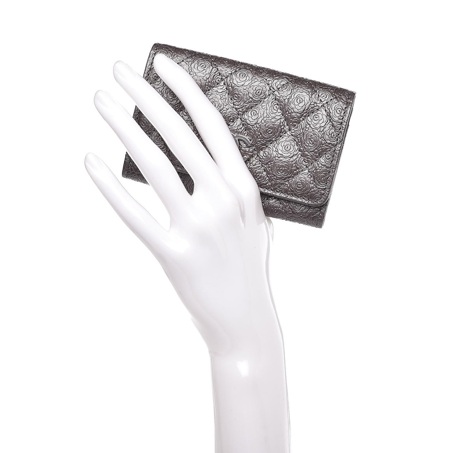 Metallic Camellia Calfskin Embossed Quilted Card Holder Grey