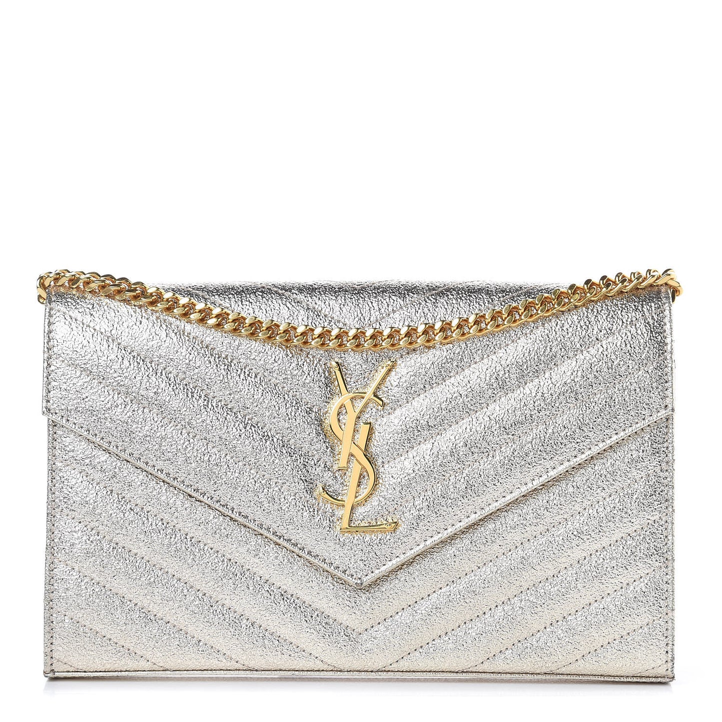 Metallic Crackled Calfskin Matelasse Chevron Monogram Chain Wallet Gold