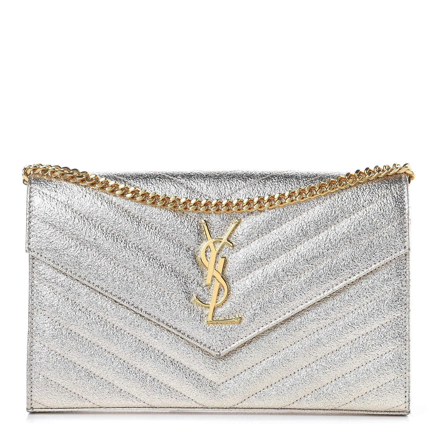 Saint Laurent Metallic Crackled Calfskin Matelasse Chevron Monogram Chain Wallet Gold 1 of 9