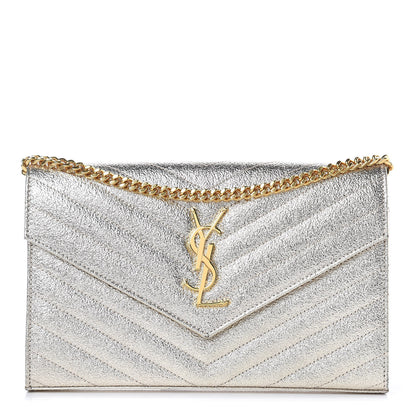 Saint Laurent Metallic Crackled Calfskin Matelasse Chevron Monogram Chain Wallet Gold 1 of 9
