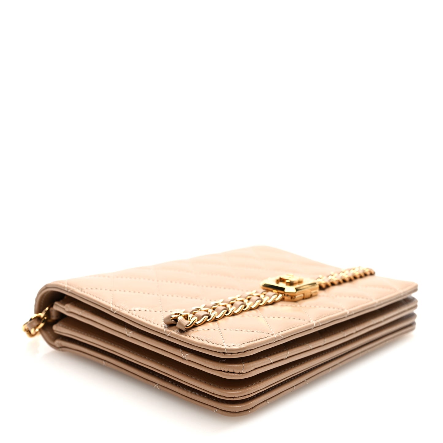 Shiny Aged Calfskin Quilted Clutch With Chain Dark Beige