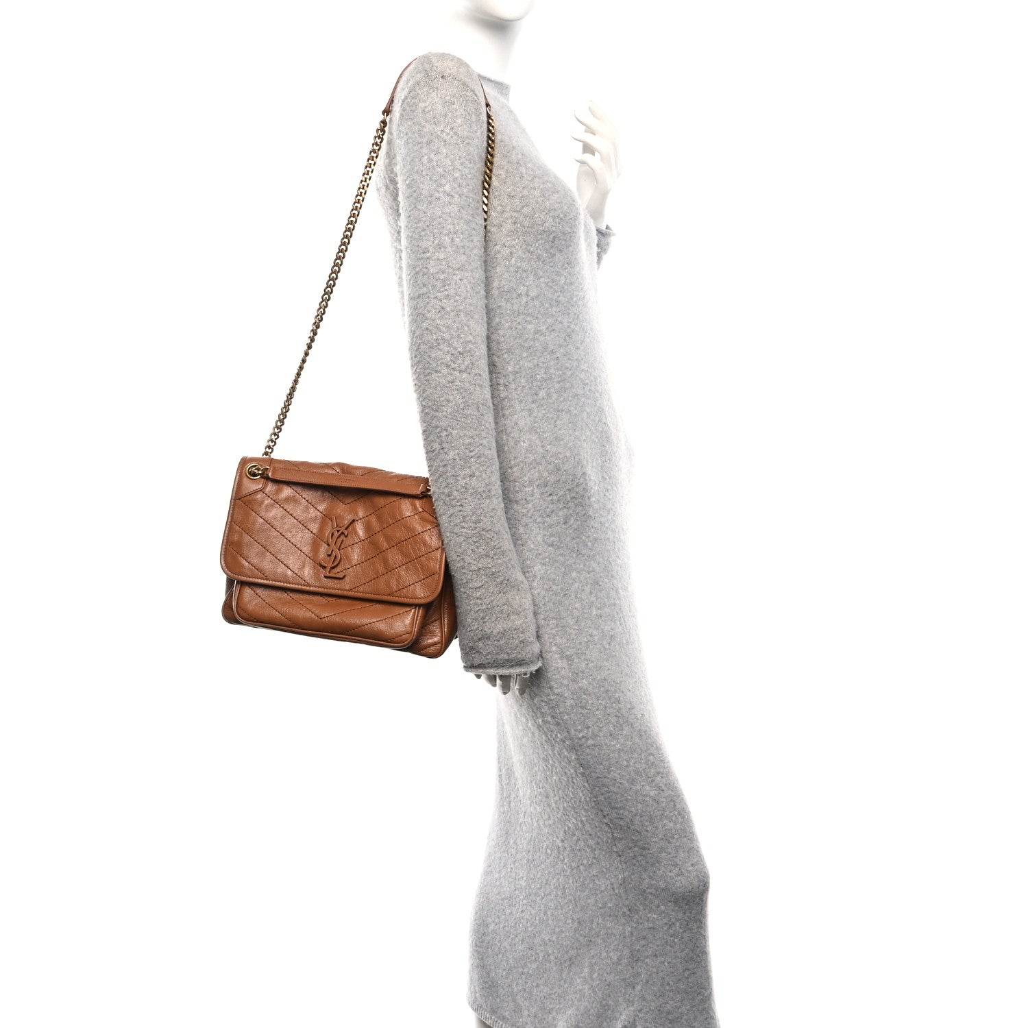 Saint Laurent Crinkled Calfskin Matelasse Monogram Medium Niki Chain Satchel Caramel 2 of 12
