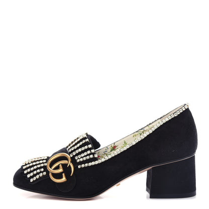 Gucci Kid Scamosciato Crystal GG Marmont Fringe 50mm Loafer Pumps 35.5 Black 1 of 10