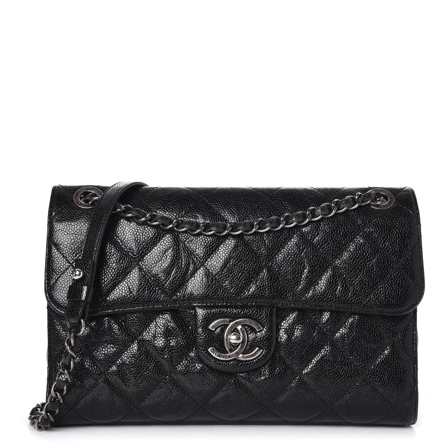 Crumpled Grained Calfskin Medium CC Crave Flap Black
