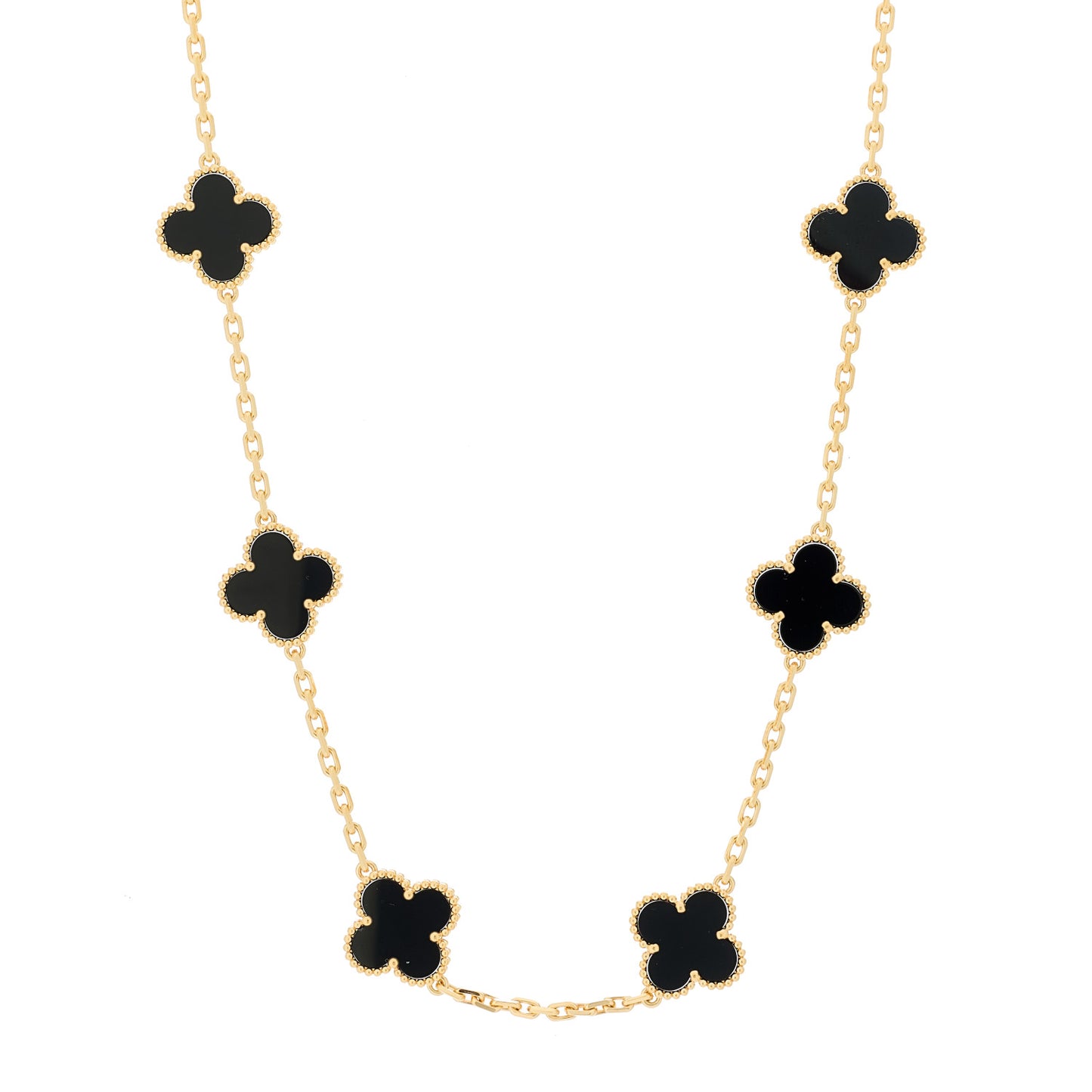 18K Yellow Gold Black Onyx 10 Motifs Vintage Alhambra Necklace
