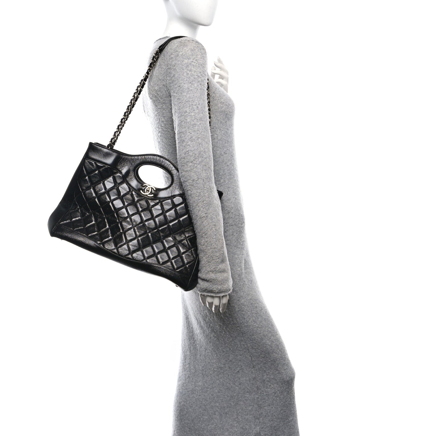 Shiny Crumpled Calfskin Quilted Large 31 Shopping Bag Black