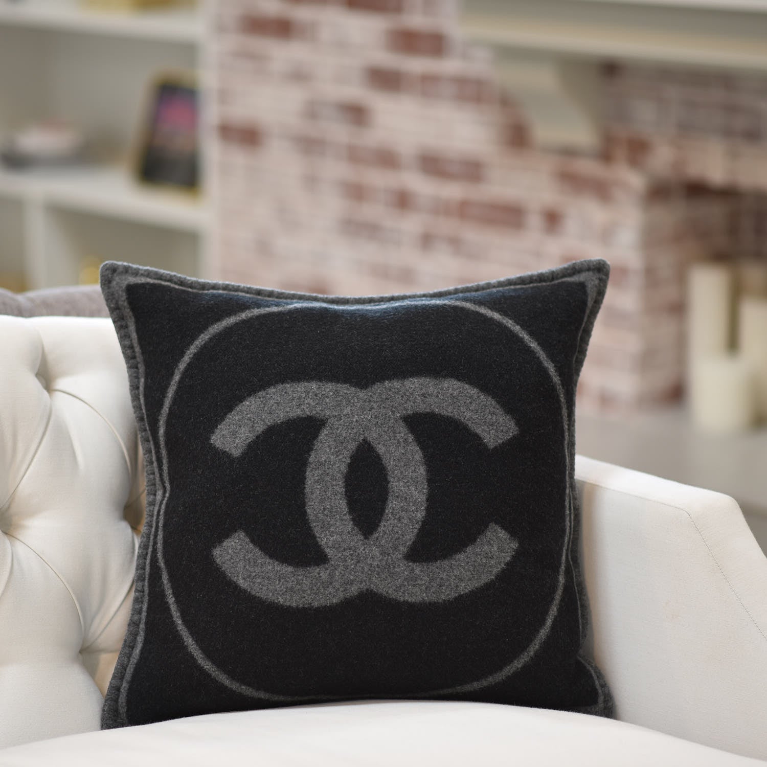Chanel Merino Wool Cashmere CC Pillow Black Grey 3 of 5