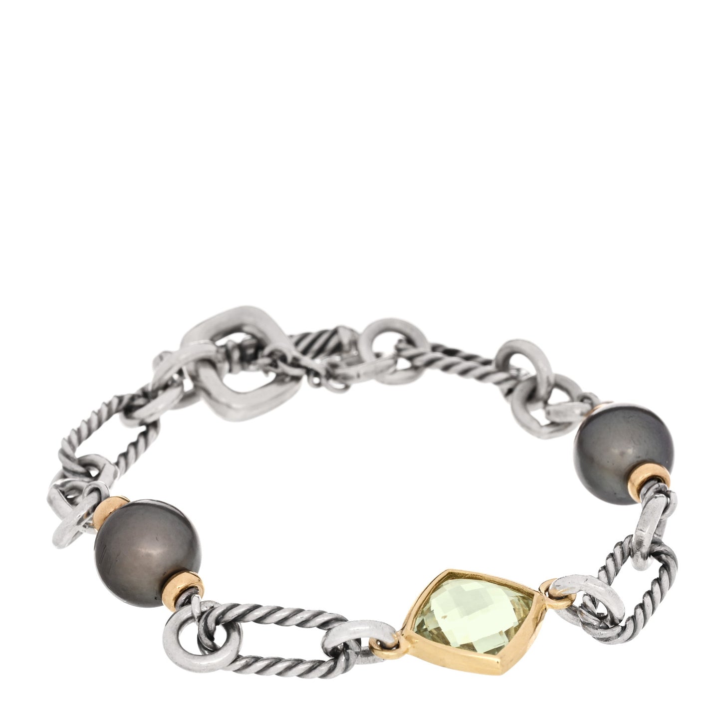Sterling Silver 18K Yellow Gold Tahitian Cultured Pearl Prasiolite Figaro Bracelet