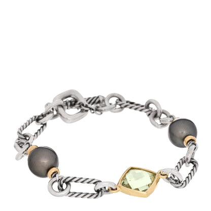 David Yurman Sterling Silver 18K Yellow Gold Tahitian Cultured Pearl Prasiolite Figaro Bracelet 1 of 3